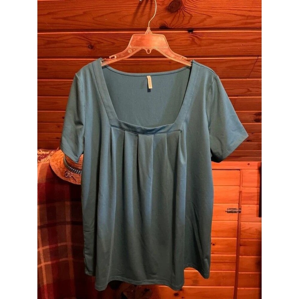 HALARA Square Neck Short Sleeve Casual Blouse XL Teal Pleated Front Tunic Length